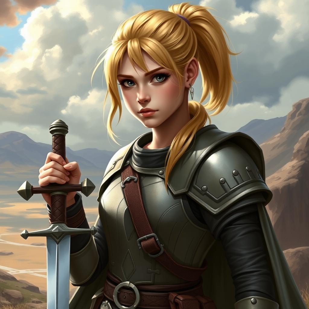 A young human female paladin inspired by Dungeons & Dragons, featuring a ponytail of shoulder-length blond hair that adds to her youthful and determined look