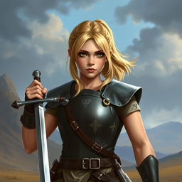 A young human female paladin inspired by Dungeons & Dragons, featuring a ponytail of shoulder-length blond hair that adds to her youthful and determined look