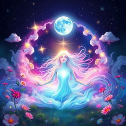 A serene and mystical scene depicting the concept of manifestation, featuring a radiant being surrounded by vibrant colors and ethereal light