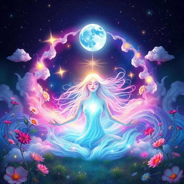 A serene and mystical scene depicting the concept of manifestation, featuring a radiant being surrounded by vibrant colors and ethereal light