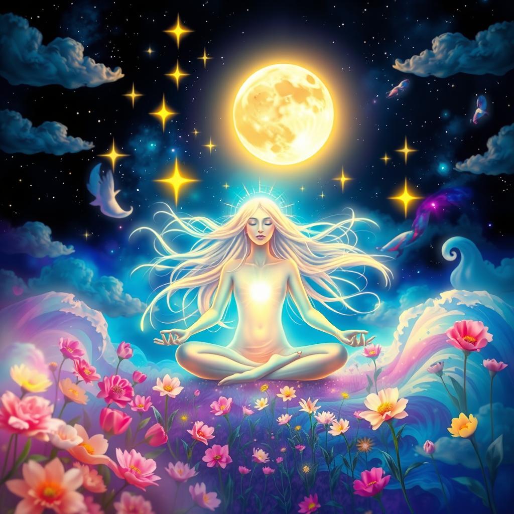 A serene and mystical scene depicting the concept of manifestation, featuring a radiant being surrounded by vibrant colors and ethereal light