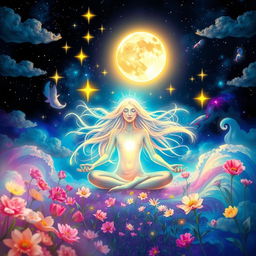 A serene and mystical scene depicting the concept of manifestation, featuring a radiant being surrounded by vibrant colors and ethereal light