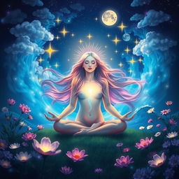 A serene and mystical scene depicting the concept of manifestation, featuring a radiant being surrounded by vibrant colors and ethereal light