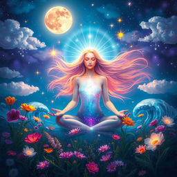 A serene and mystical scene depicting the concept of manifestation, featuring a radiant being surrounded by vibrant colors and ethereal light