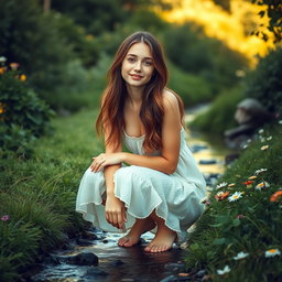 A young woman in an outdoor setting, surrounded by lush greenery and flowers, squatting gracefully by a stream, with a serene expression on her face as she enjoys nature