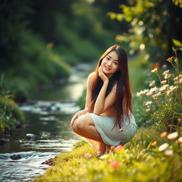 A young woman in an outdoor setting, surrounded by lush greenery and flowers, squatting gracefully by a stream, with a serene expression on her face as she enjoys nature