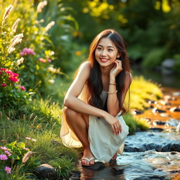 A young woman in an outdoor setting, surrounded by lush greenery and flowers, squatting gracefully by a stream, with a serene expression on her face as she enjoys nature