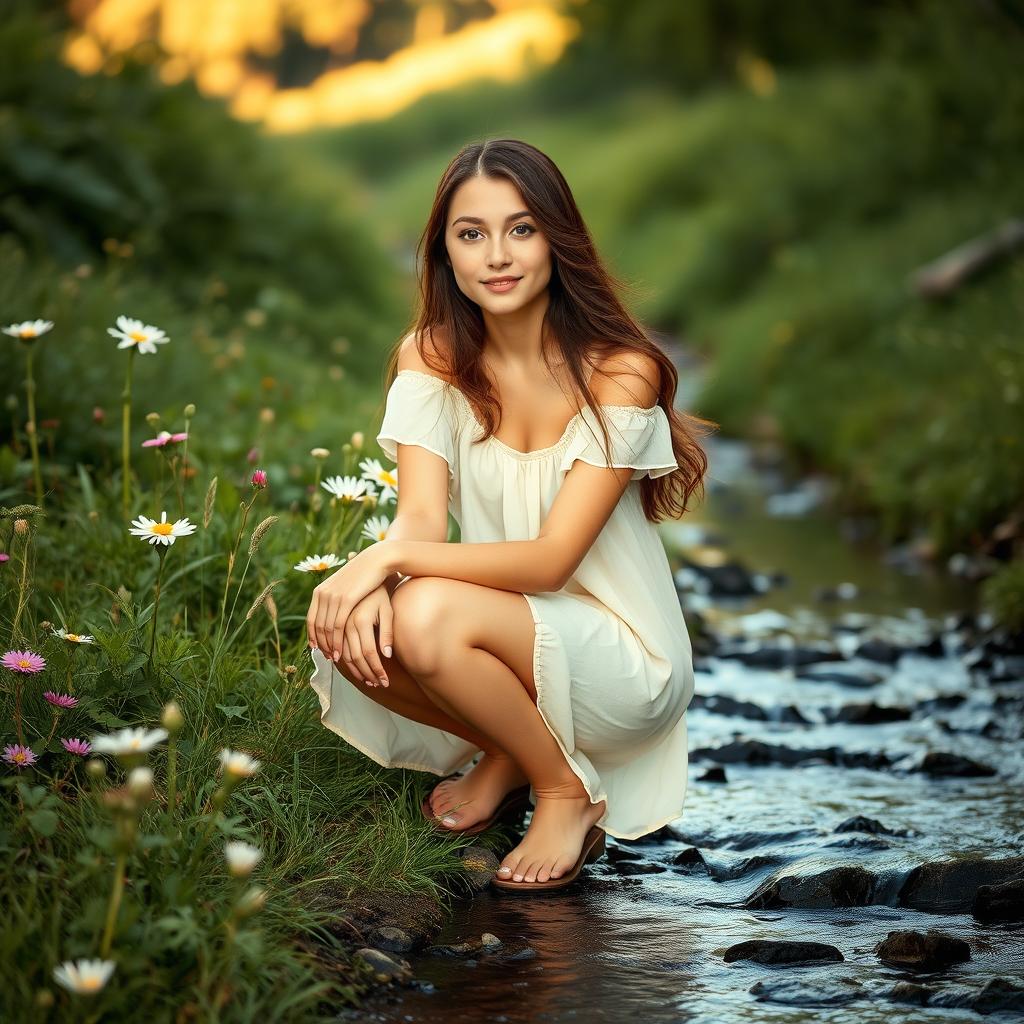 A young woman in an outdoor setting, surrounded by lush greenery and flowers, squatting gracefully by a stream, with a serene expression on her face as she enjoys nature