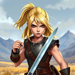 A young human female warrior inspired by Dungeons & Dragons, featuring a dynamic ponytail of shoulder-length blond hair that showcases her adventurous spirit