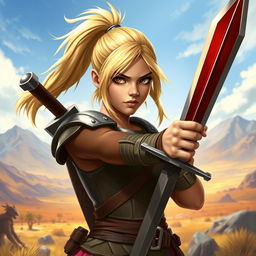 A young human female warrior inspired by Dungeons & Dragons, featuring a dynamic ponytail of shoulder-length blond hair that showcases her adventurous spirit