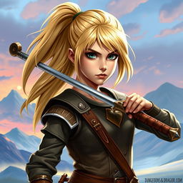 A young human female warrior inspired by Dungeons & Dragons, featuring a dynamic ponytail of shoulder-length blond hair that showcases her adventurous spirit
