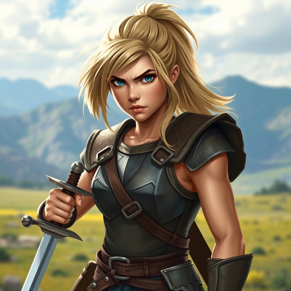A young human female warrior inspired by Dungeons & Dragons, featuring a dynamic ponytail of shoulder-length blond hair that showcases her adventurous spirit