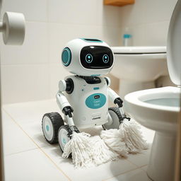 A cute and adorable micro-bot named CleanSweep, made entirely of recycled materials, actively cleaning a bathroom