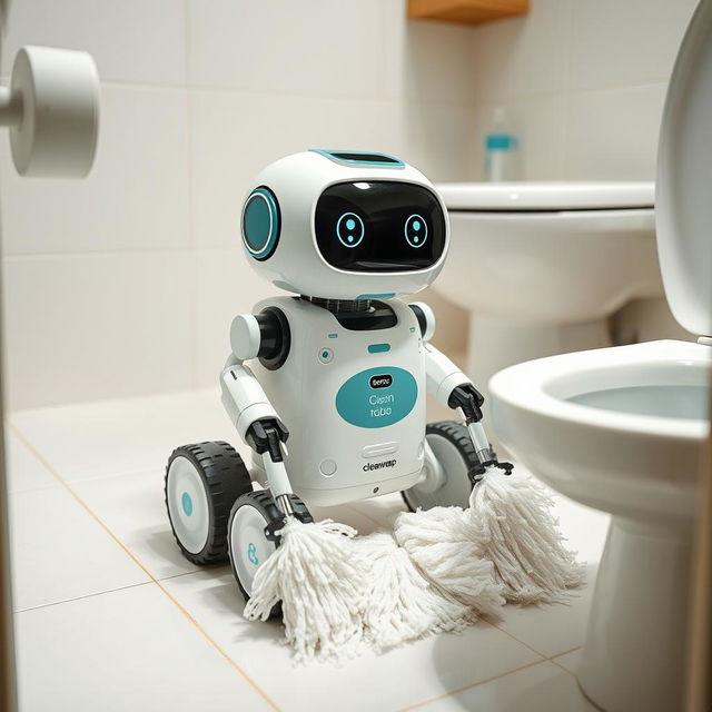 A cute and adorable micro-bot named CleanSweep, made entirely of recycled materials, actively cleaning a bathroom