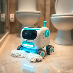 A cute and adorable micro-bot named CleanSweep, made entirely of recycled materials, actively cleaning a bathroom