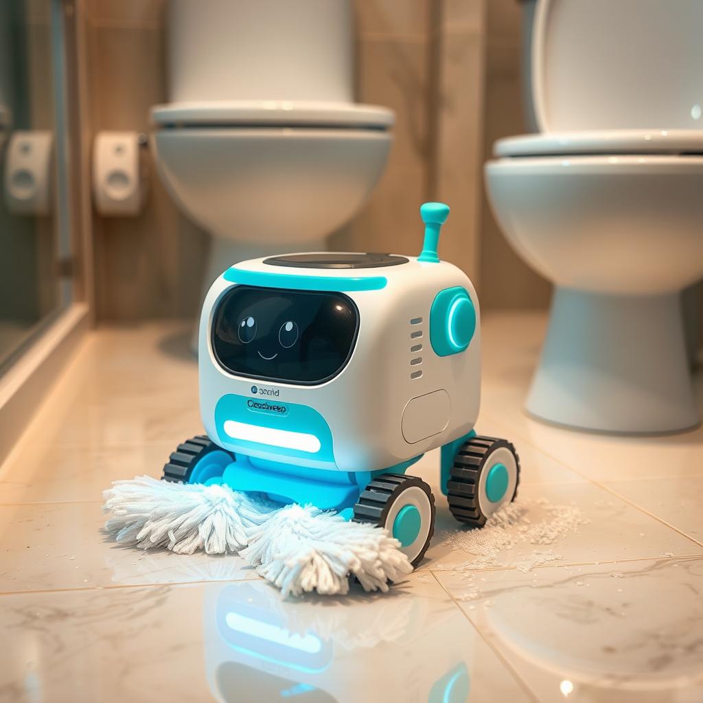 A cute and adorable micro-bot named CleanSweep, made entirely of recycled materials, actively cleaning a bathroom