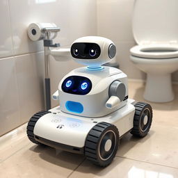 A cute and adorable micro-bot named CleanSweep, made entirely of recycled materials, actively cleaning a bathroom