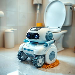 A cute and adorable micro-bot named CleanSweep, made entirely of recycled materials, actively cleaning a bathroom