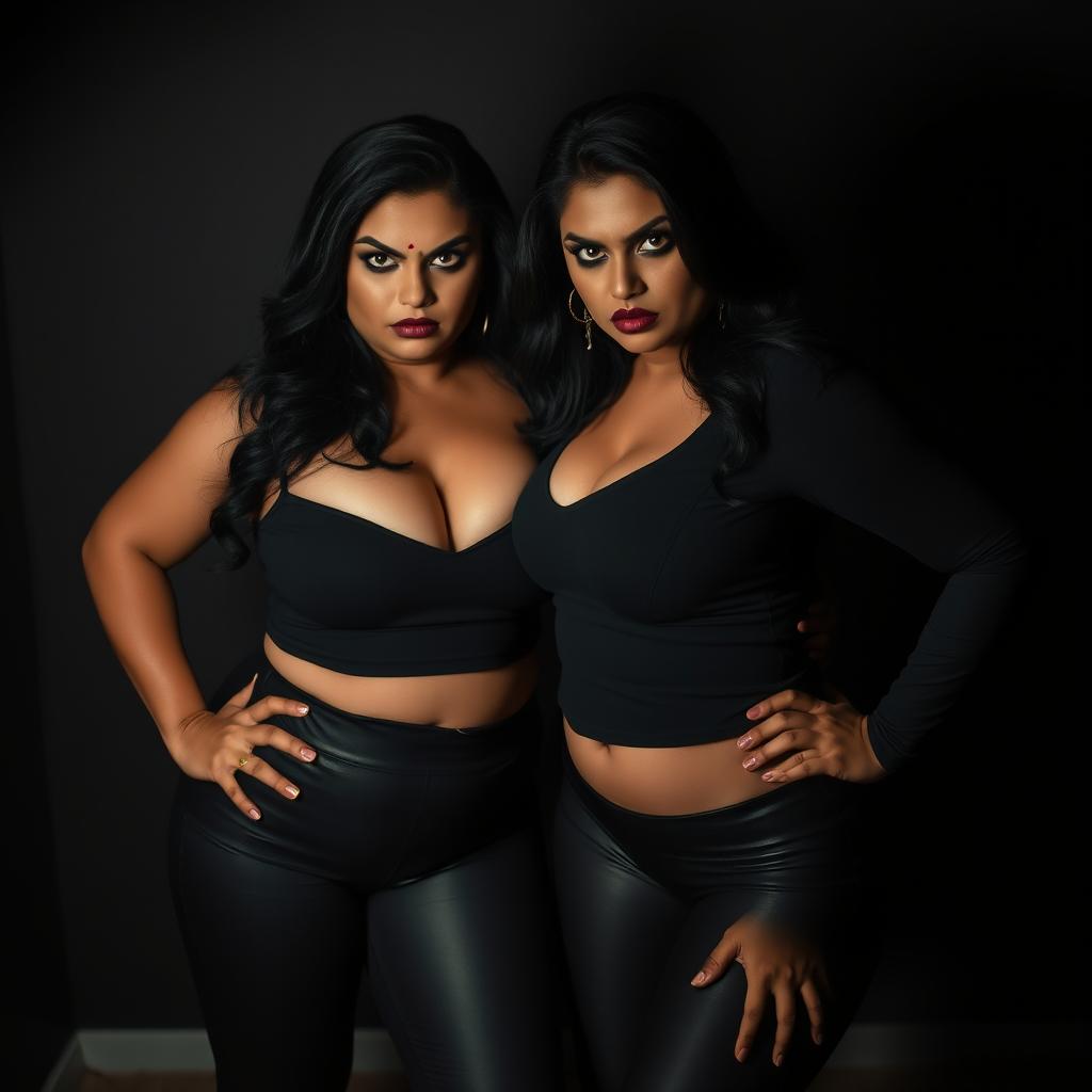 A dark, moody setting featuring two sexy, voluptuous Indian MILFs with curvy bodies