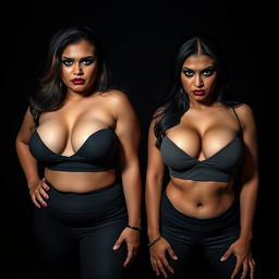 A dark, moody setting featuring two sexy, voluptuous Indian MILFs with curvy bodies