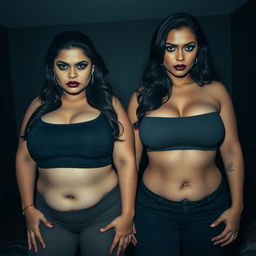 A dark, moody setting featuring two sexy, voluptuous Indian MILFs with curvy bodies