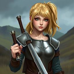 A young human female warrior inspired by Dungeons & Dragons, characterized by her shoulder-length blond hair tied back in a practical ponytail