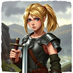A young human female warrior inspired by Dungeons & Dragons, characterized by her shoulder-length blond hair tied back in a practical ponytail