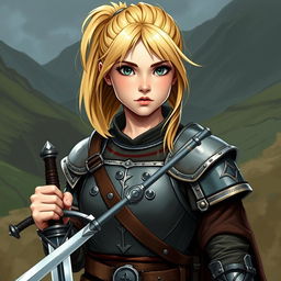 A young human female warrior inspired by Dungeons & Dragons, characterized by her shoulder-length blond hair tied back in a practical ponytail