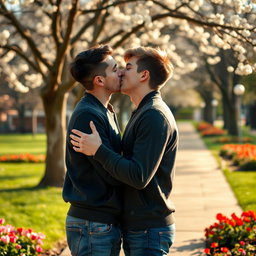 A romantic scene depicting a passionate kiss between two young men, emphasizing their affection and connection