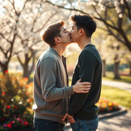 A romantic scene depicting a passionate kiss between two young men, emphasizing their affection and connection