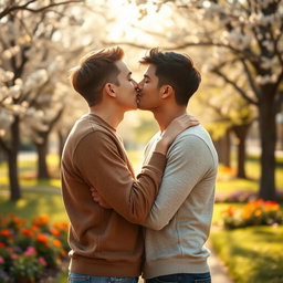 A romantic scene depicting a passionate kiss between two young men, emphasizing their affection and connection