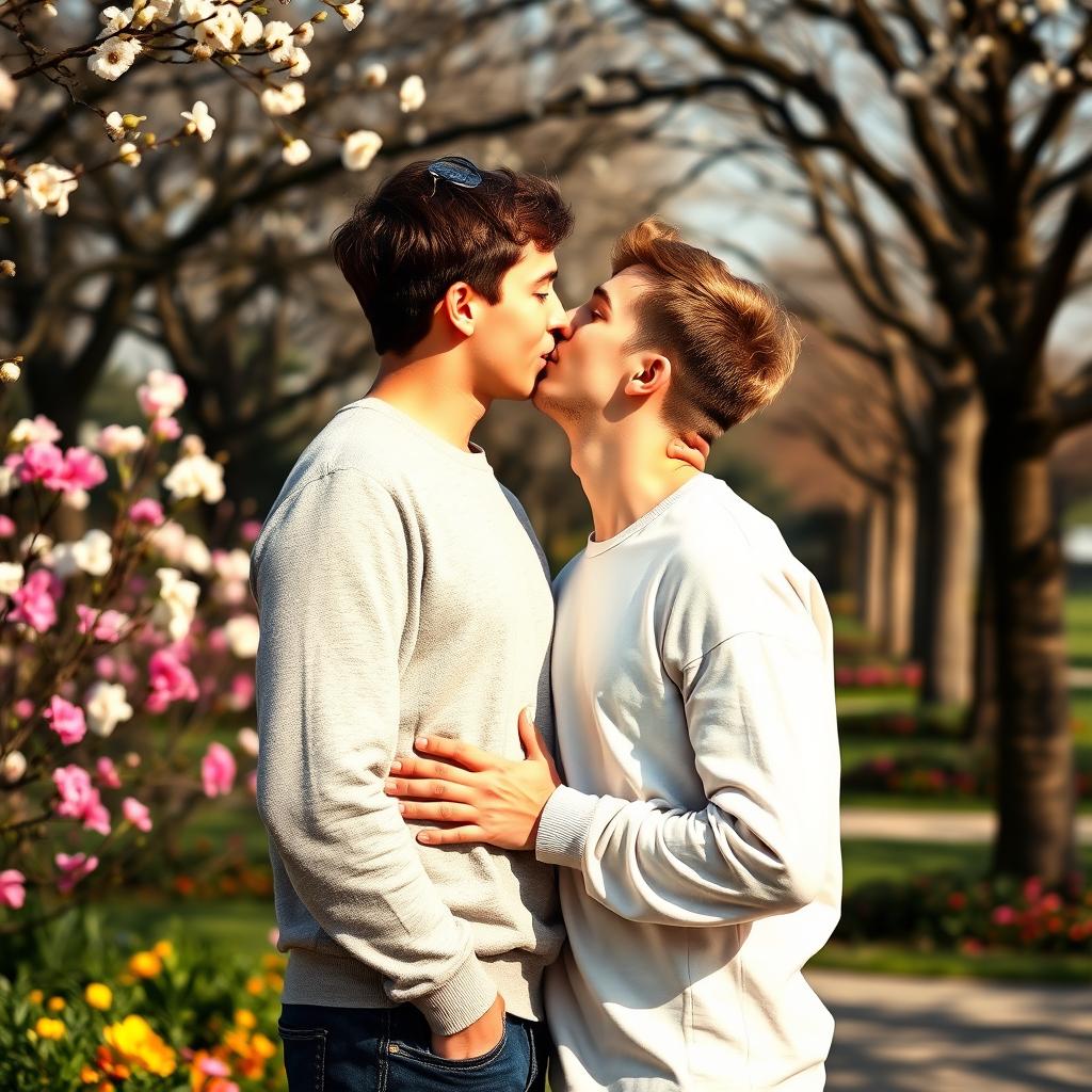 A romantic scene depicting a passionate kiss between two young men, emphasizing their affection and connection