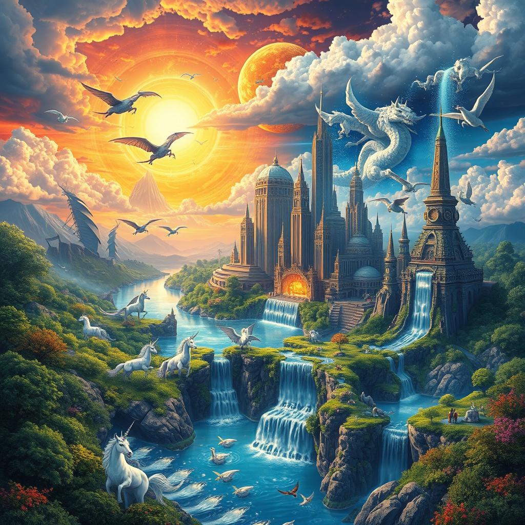 A surreal and imaginative depiction of a reality shift, illustrating a seamless blend of different realms such as fantasy, nature, and technology