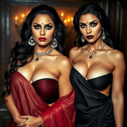 A realistic portrayal of two sexy, busty Indian MILFs dressed in elegant sarees that highlight their voluptuous and curvy bodies