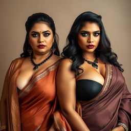 A realistic portrayal of two sexy, busty Indian MILFs dressed in elegant sarees that highlight their voluptuous and curvy bodies