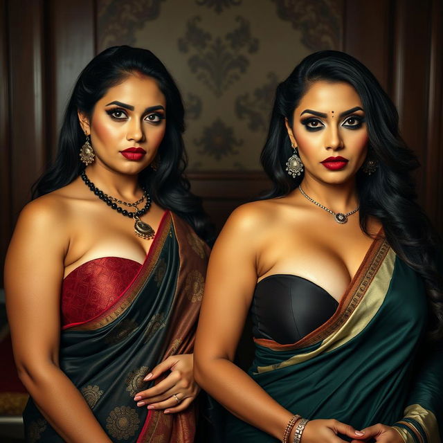 A realistic portrayal of two sexy, busty Indian MILFs dressed in elegant sarees that highlight their voluptuous and curvy bodies