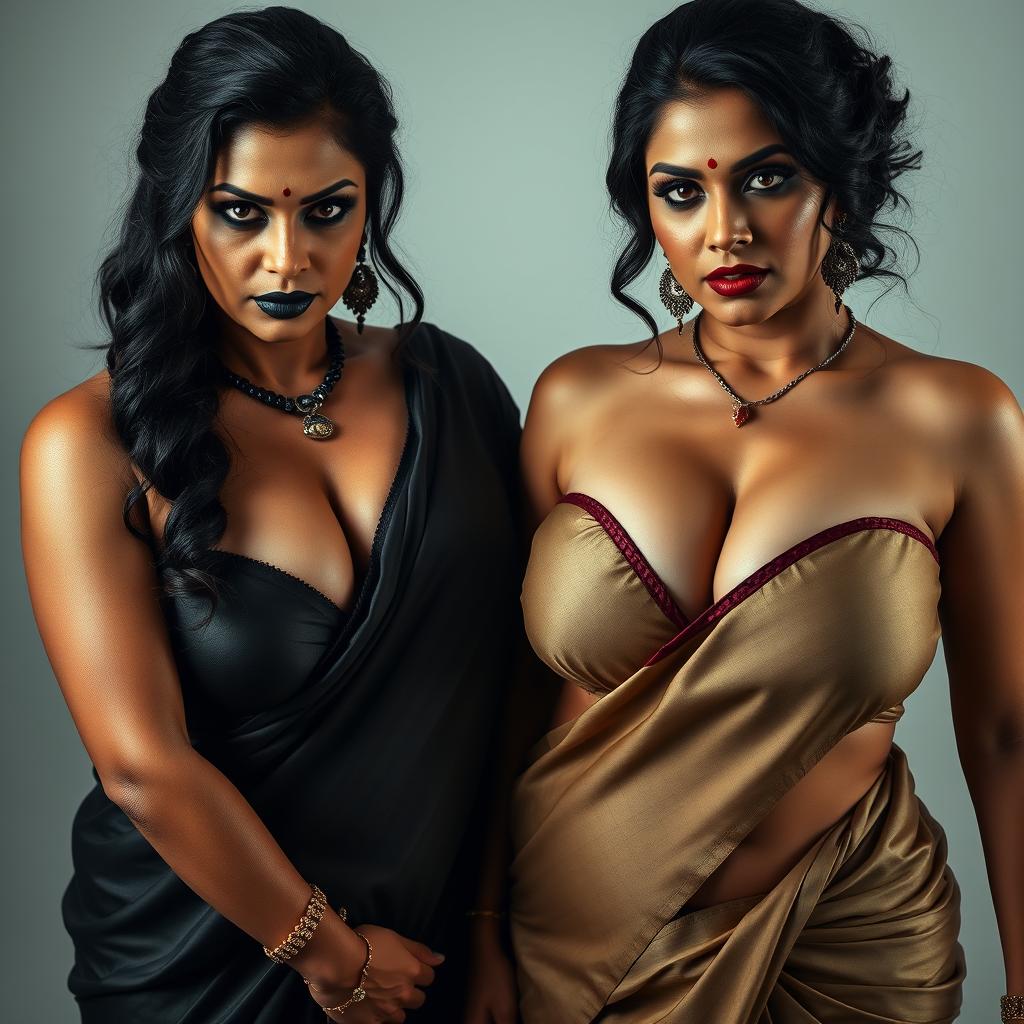 A realistic portrayal of two sexy, busty Indian MILFs dressed in elegant sarees that highlight their voluptuous and curvy bodies