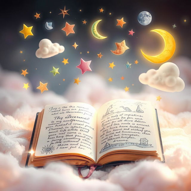 A whimsical scene inspired by a journal filled with dreams, featuring an open journal surrounded by colorful, floating dream symbols like stars, moons, and clouds