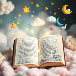 A whimsical scene inspired by a journal filled with dreams, featuring an open journal surrounded by colorful, floating dream symbols like stars, moons, and clouds