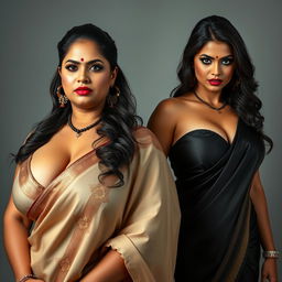 A striking and realistic portrayal of two sexy Indian MILFs dressed in elegant sarees that emphasize their voluptuous and curvy bodies