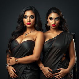 A striking and realistic portrayal of two sexy Indian MILFs dressed in elegant sarees that emphasize their voluptuous and curvy bodies