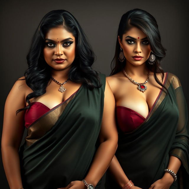 A striking and realistic portrayal of two sexy Indian MILFs dressed in elegant sarees that emphasize their voluptuous and curvy bodies