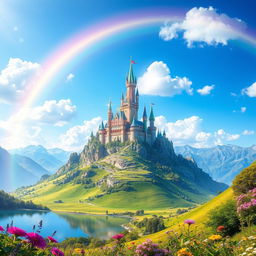A stunning, high-resolution fantasy landscape featuring a majestic crystal castle sitting atop a glimmering mountain peak