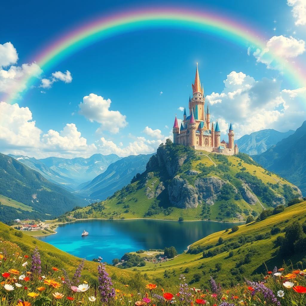 A stunning, high-resolution fantasy landscape featuring a majestic crystal castle sitting atop a glimmering mountain peak