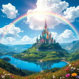 A stunning, high-resolution fantasy landscape featuring a majestic crystal castle sitting atop a glimmering mountain peak