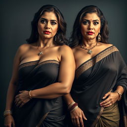 A stunning portrayal of two sexy, busty Indian MILFs draped in elegant sarees that accentuate their voluptuous and curvy figures