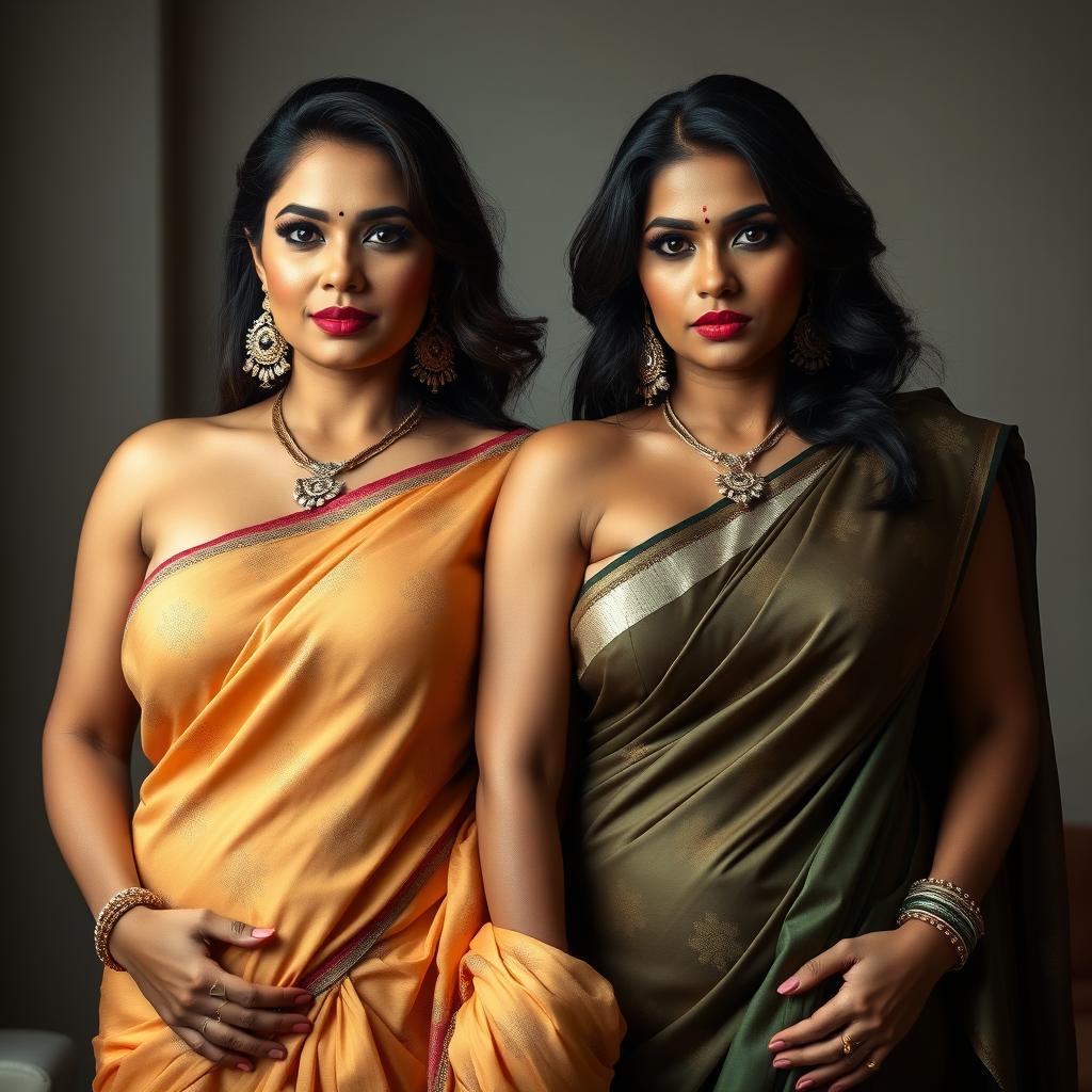 A stunning portrayal of two sexy, busty Indian MILFs draped in elegant sarees that accentuate their voluptuous and curvy figures