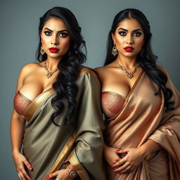 A stunning portrayal of two sexy, busty Indian MILFs draped in elegant sarees that accentuate their voluptuous and curvy figures