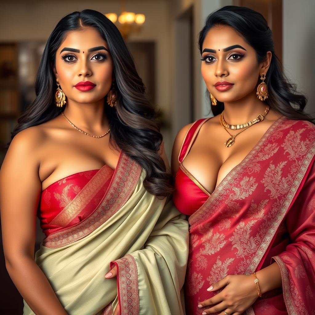 A captivating portrayal of two sexy, busty Indian MILFs dressed in elegant sarees that accentuate their voluptuous and curvy bodies