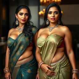 A captivating portrayal of two sexy, busty Indian MILFs dressed in elegant sarees that accentuate their voluptuous and curvy bodies